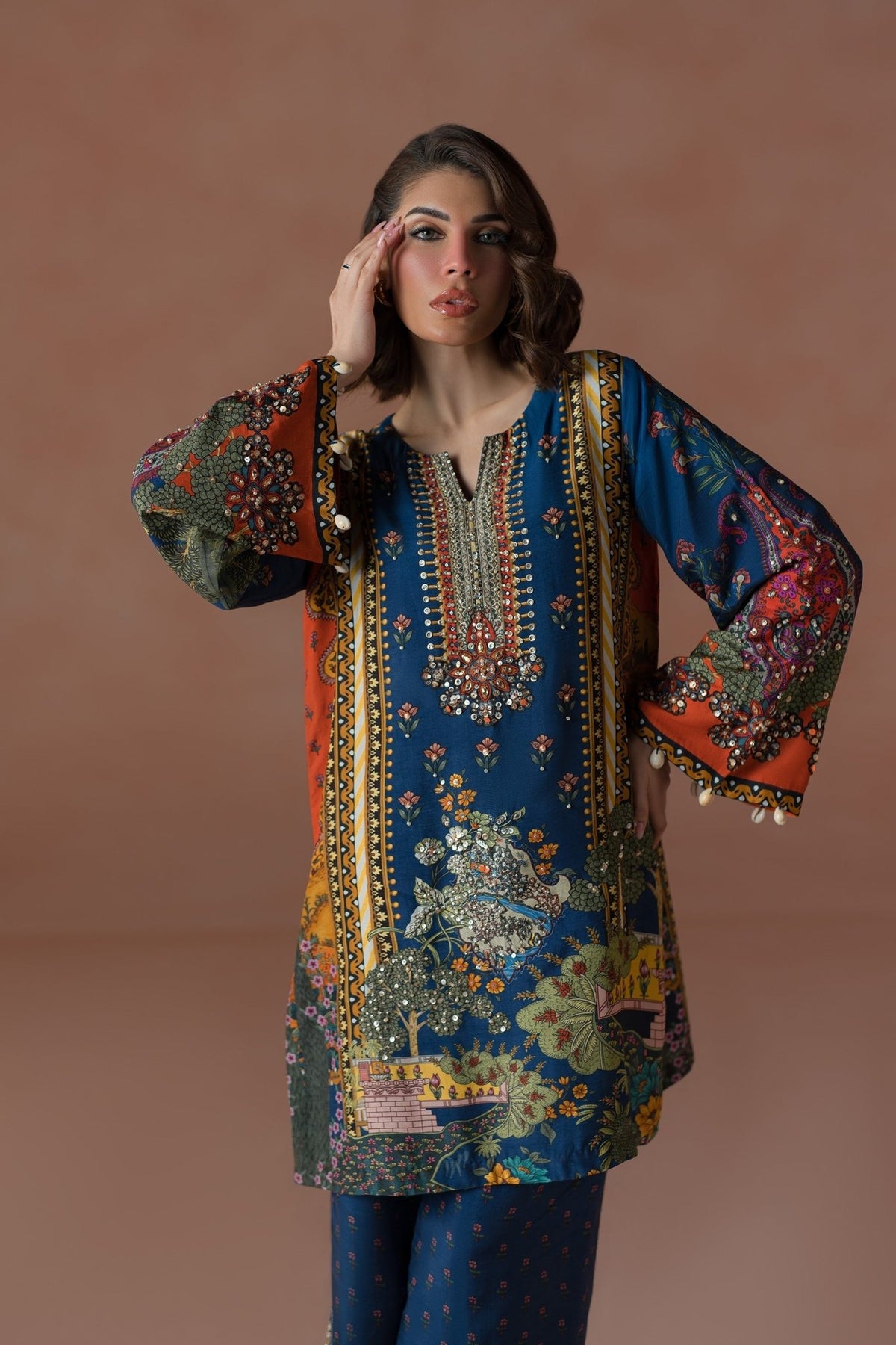 Ammara Khan | Flo 25 | Modern Mughal Multi Co-ord Set (D-01)-Brand:Ammara Khan-Type:Ladies Clothes-Navy-Raw Silk-House of Maryam- Buy in UK, USA