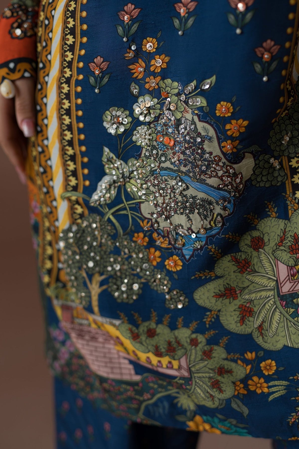 Ammara Khan | Flo 25 | Modern Mughal Multi Co-ord Set (D-01)-Brand:Ammara Khan-Type:Ladies Clothes-Navy-Raw Silk-House of Maryam- Buy in UK, USA