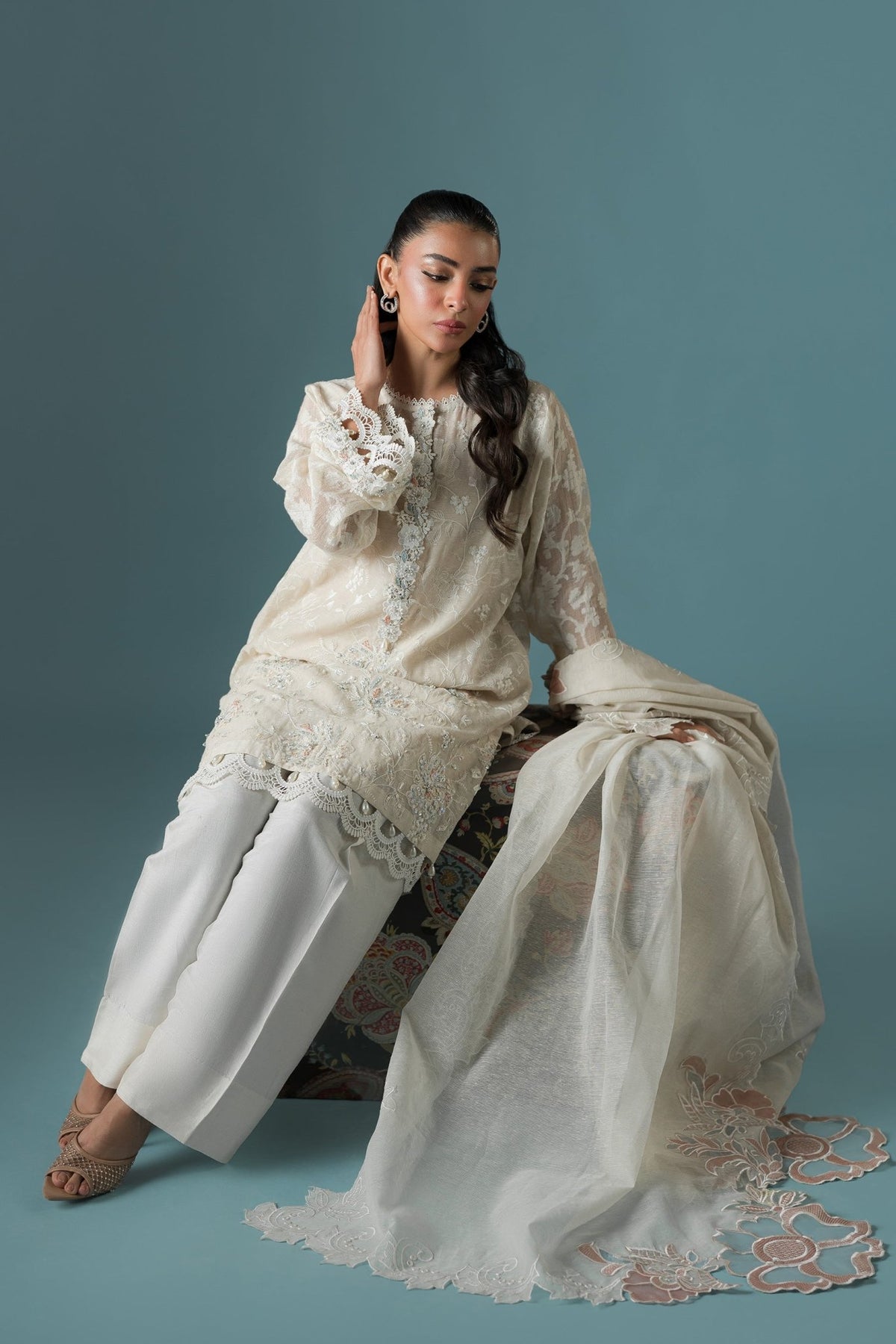 Ammara Khan | Flo 25 | Pearl Spring Lily Shalwar Set (D-10)-Brand:Ammara Khan-Type:Ladies Clothes-Ivory-Karandi Organza-House of Maryam- Buy in UK, USA