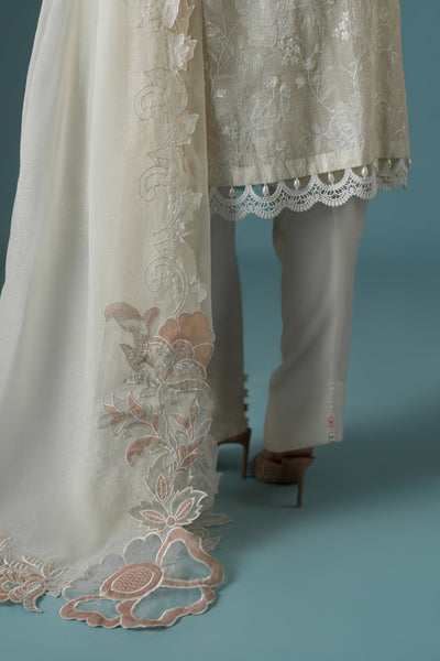 Ammara Khan | Flo 25 | Pearl Spring Lily Shalwar Set (D-10)-Brand:Ammara Khan-Type:Ladies Clothes-Ivory-Karandi Organza-House of Maryam- Buy in UK, USA