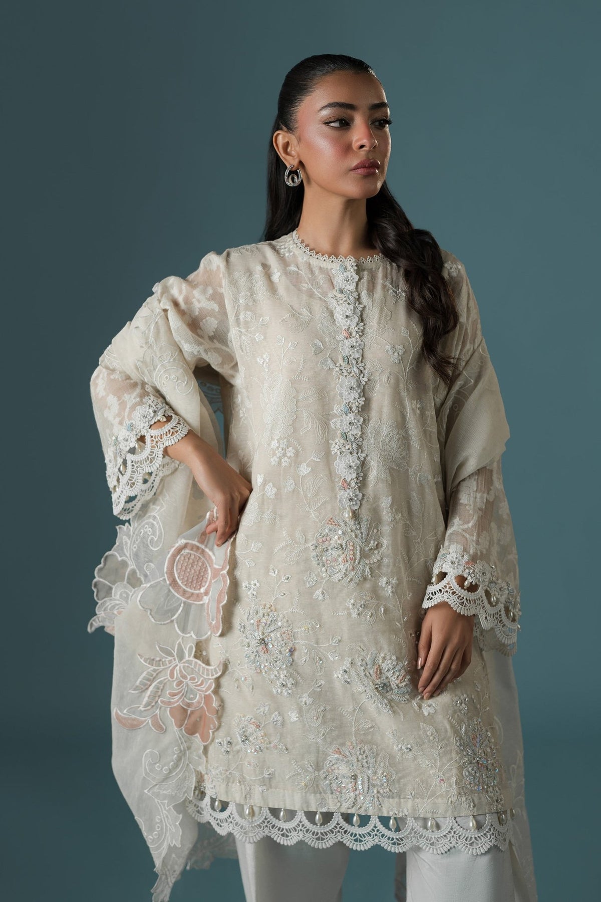 Ammara Khan | Flo 25 | Pearl Spring Lily Shalwar Set (D-10)-Brand:Ammara Khan-Type:Ladies Clothes-Ivory-Karandi Organza-House of Maryam- Buy in UK, USA
