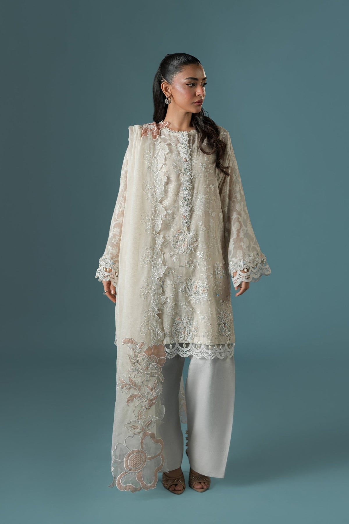Ammara Khan | Flo 25 | Pearl Spring Lily Shalwar Set (D-10)-Brand:Ammara Khan-Type:Ladies Clothes-Ivory-Karandi Organza-House of Maryam- Buy in UK, USA