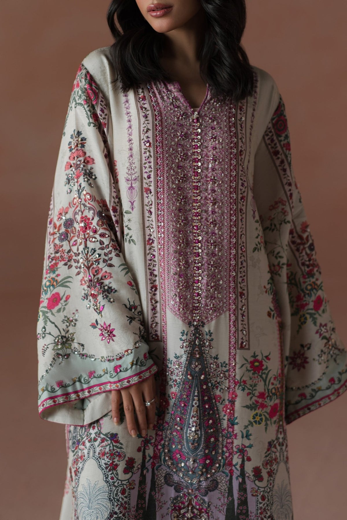Ammara Khan | Flo 25 | Raspberry Cooler Long shirt Set (D-05)-Brand:Ammara Khan-Type:Ladies Clothes-Cloud Gray-Raw Silk-House of Maryam- Buy in UK, USA