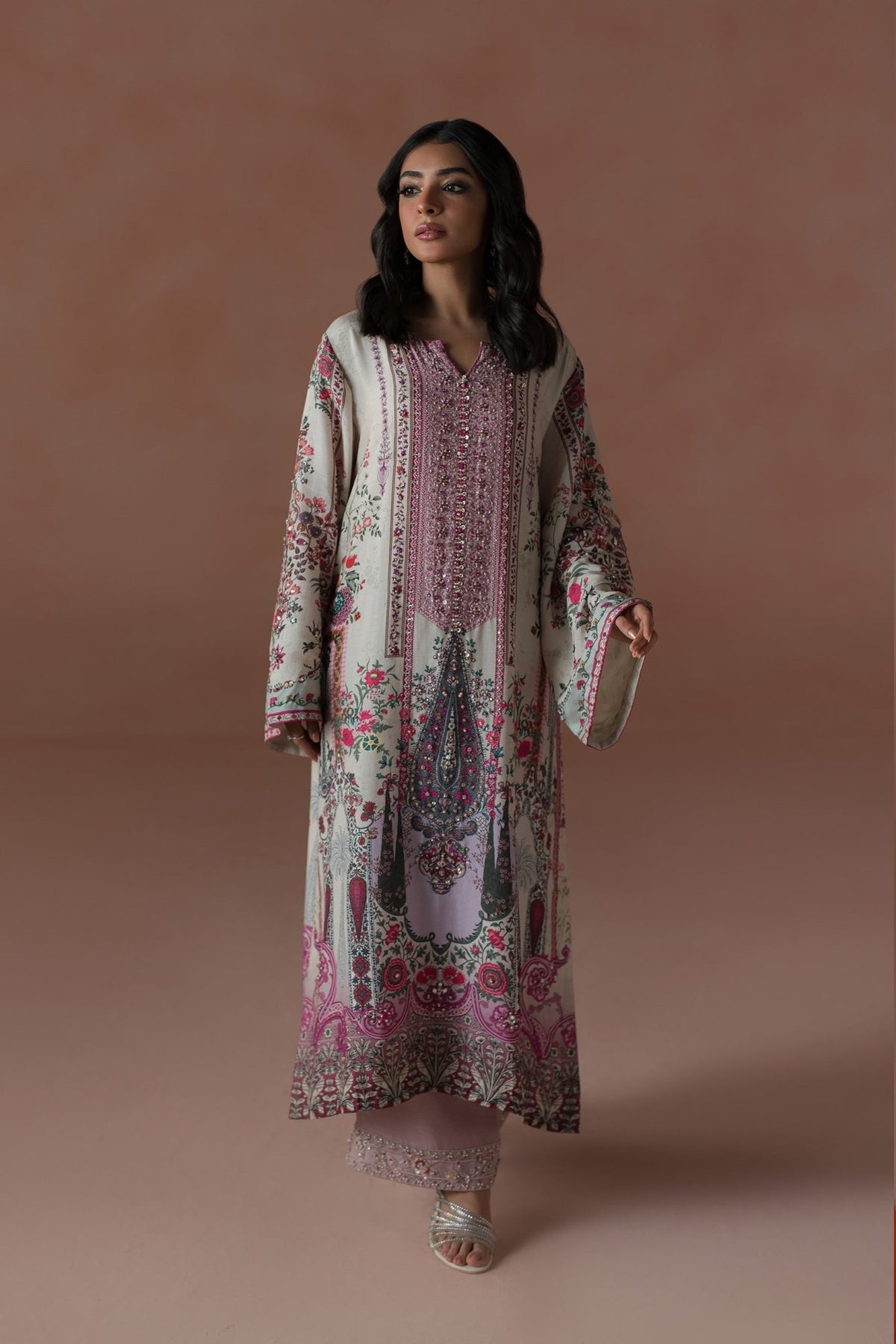 Ammara Khan | Flo 25 | Raspberry Cooler Long shirt Set (D-05)-Brand:Ammara Khan-Type:Ladies Clothes-Cloud Gray-Raw Silk-House of Maryam- Buy in UK, USA