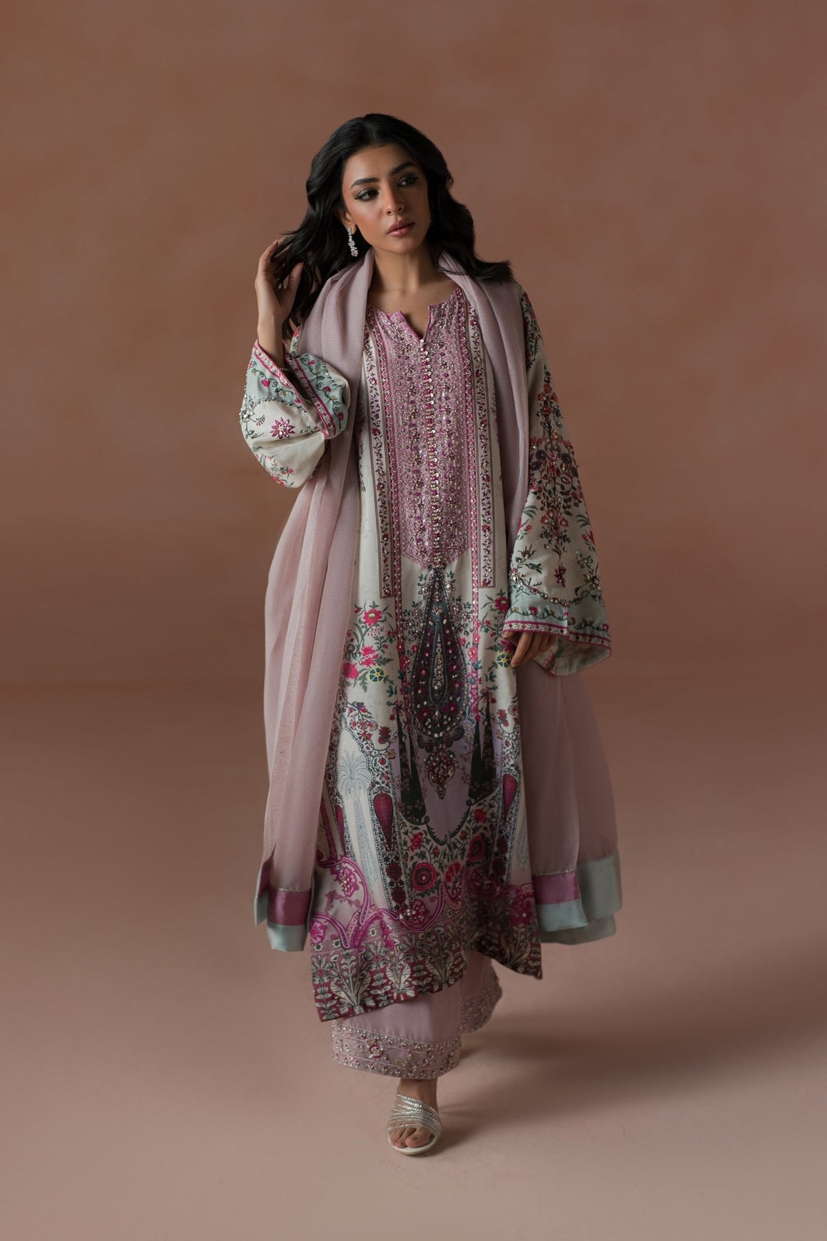Ammara Khan | Flo 25 | Raspberry Cooler Long shirt Set (D-05)-Brand:Ammara Khan-Type:Ladies Clothes-Cloud Gray-Raw Silk-House of Maryam- Buy in UK, USA