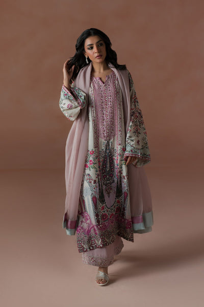 Ammara Khan | Flo 25 | Raspberry Cooler Long shirt Set (D-05)-Brand:Ammara Khan-Type:Ladies Clothes-Cloud Gray-Raw Silk-House of Maryam- Buy in UK, USA