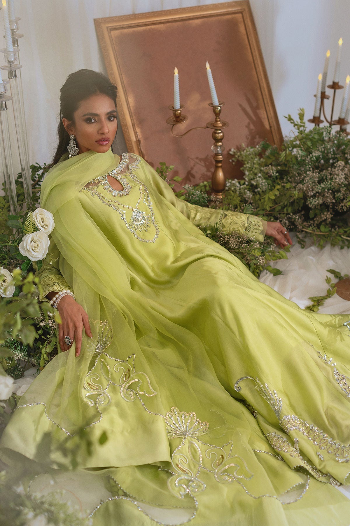 Annus Abrar | Lumi Eid Edit | Maysaa-Brand:Annus Abrar-Type:Ladies Clothes-Kiwi Green-Silk-House of Maryam- Buy in UK, USA