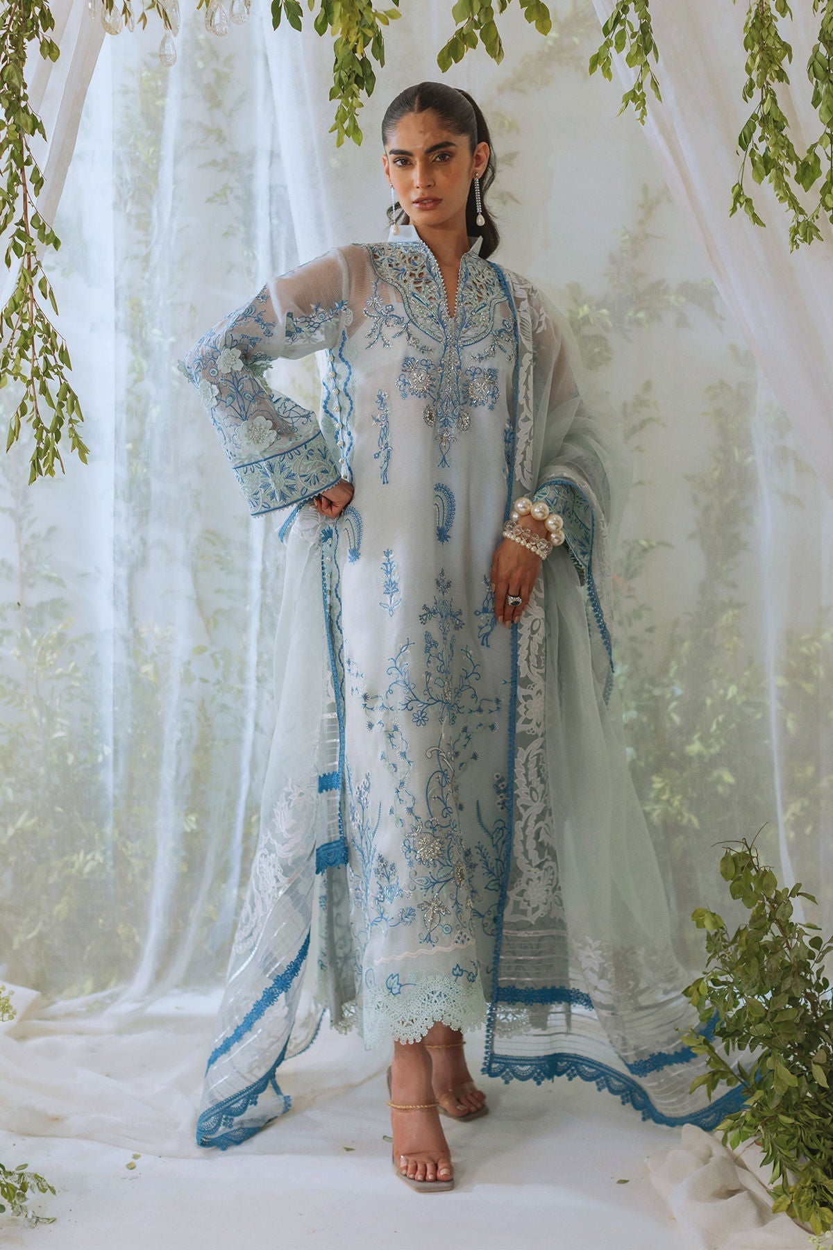 Annus Abrar | Lumi Eid Edit | Rihaam-Brand:Annus Abrar-Type:Ladies Clothes-Ice Blue-Stripped Organza-House of Maryam- Buy in UK, USA