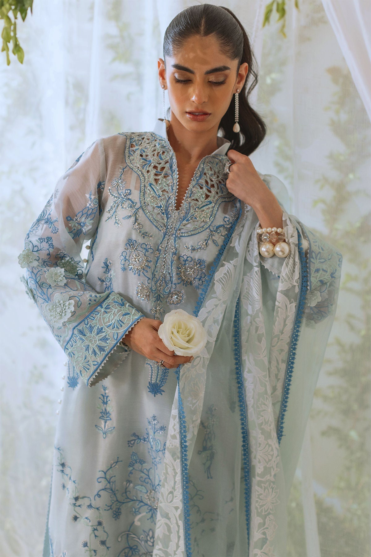 Annus Abrar | Lumi Eid Edit | Rihaam-Brand:Annus Abrar-Type:Ladies Clothes-Ice Blue-Stripped Organza-House of Maryam- Buy in UK, USA