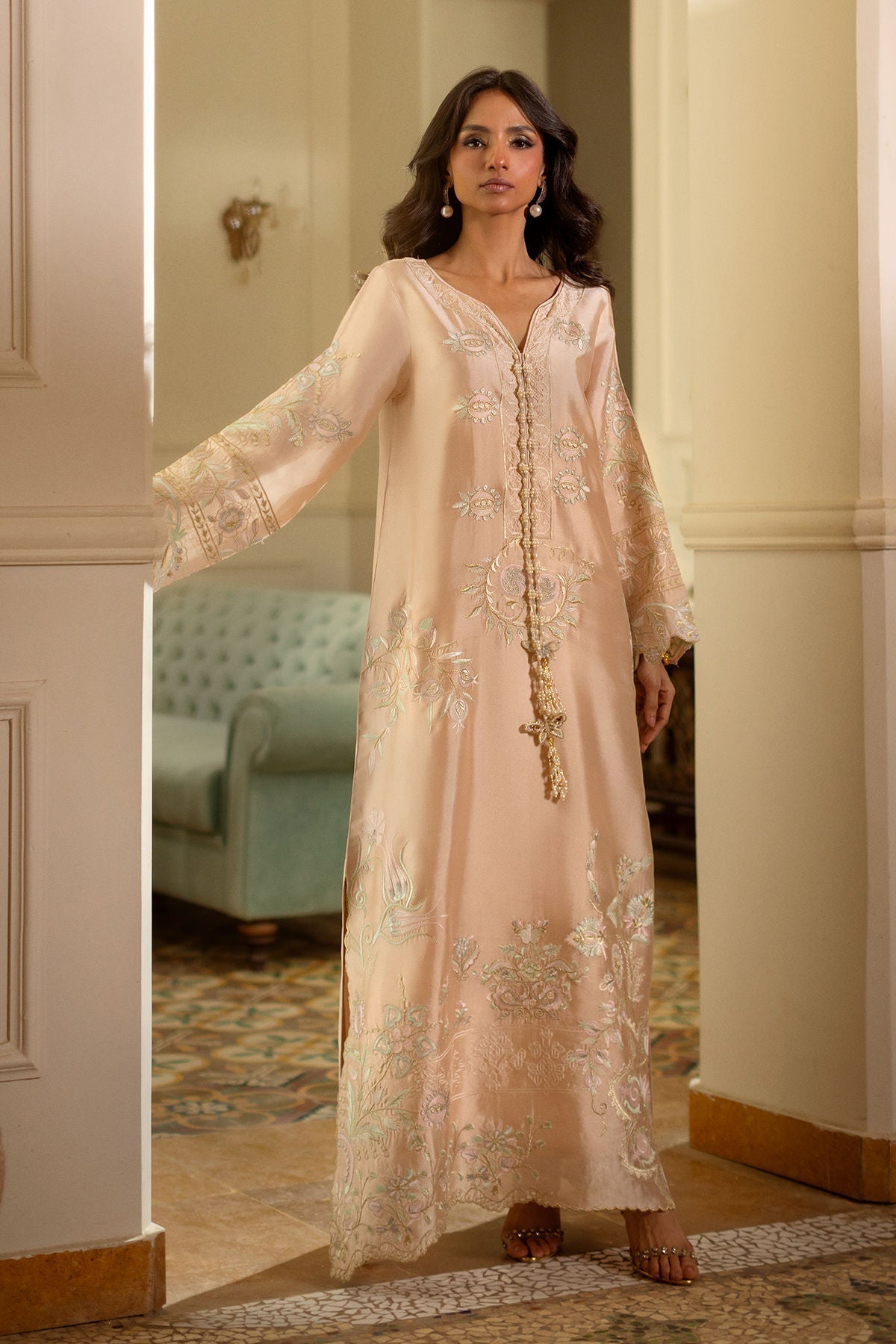 Annus Abrar | Zeh Eid Edit | Brisa Kaftan-Brand:Annus Abrar-Type:Ladies Clothes-Soft Peach-Sheesha Silk-House of Maryam- Buy in UK, USA