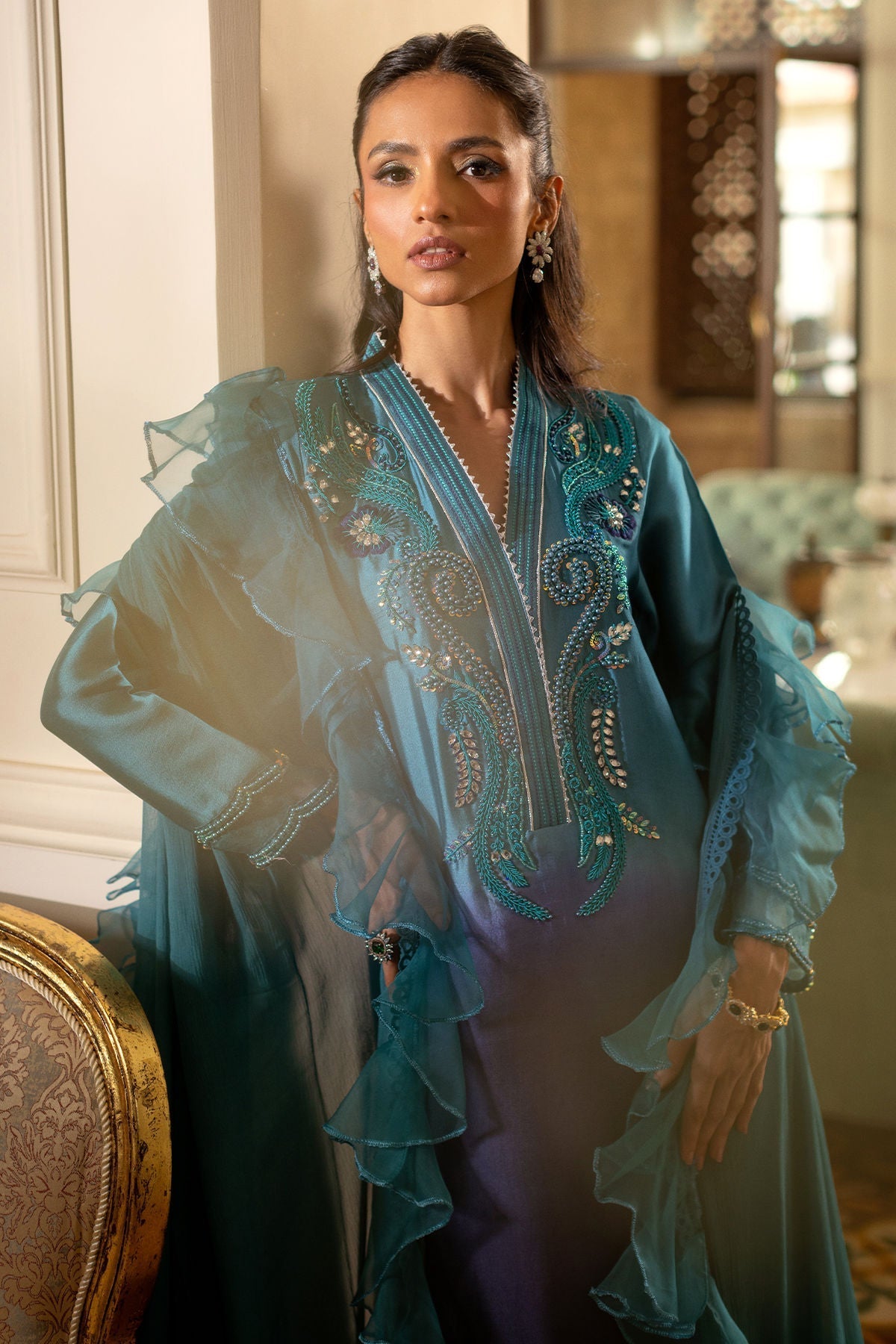 Annus Abrar | Zeh Eid Edit | Feyha-Brand:Annus Abrar-Type:Ladies Clothes-Teal Blue-Sheesha Silk-House of Maryam- Buy in UK, USA