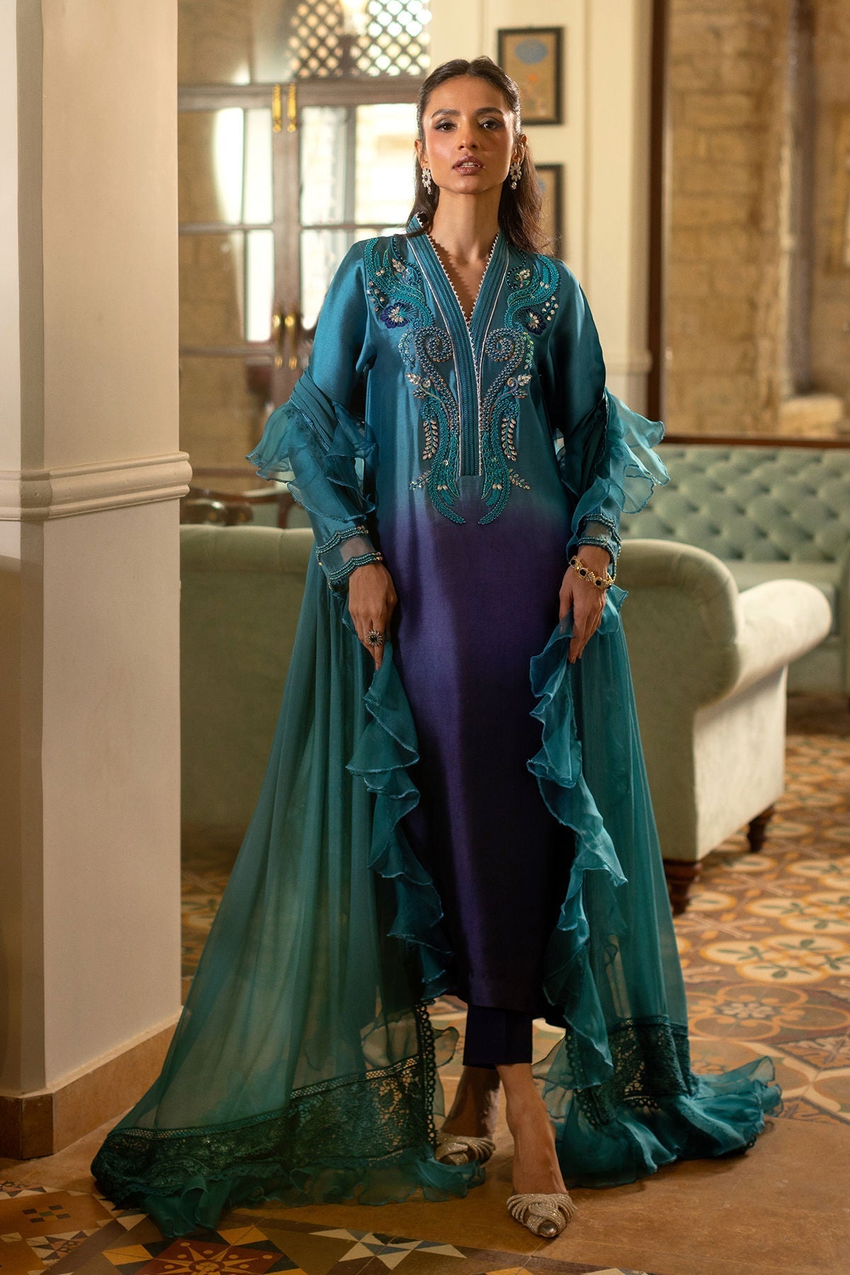 Annus Abrar | Zeh Eid Edit | Feyha-Brand:Annus Abrar-Type:Ladies Clothes-Teal Blue-Sheesha Silk-House of Maryam- Buy in UK, USA
