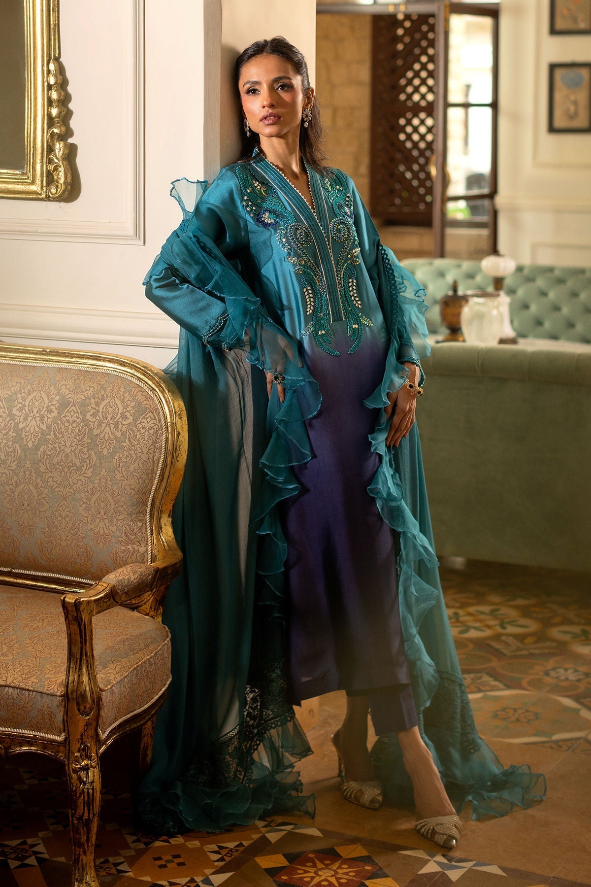 Annus Abrar | Zeh Eid Edit | Feyha-Brand:Annus Abrar-Type:Ladies Clothes-Teal Blue-Sheesha Silk-House of Maryam- Buy in UK, USA