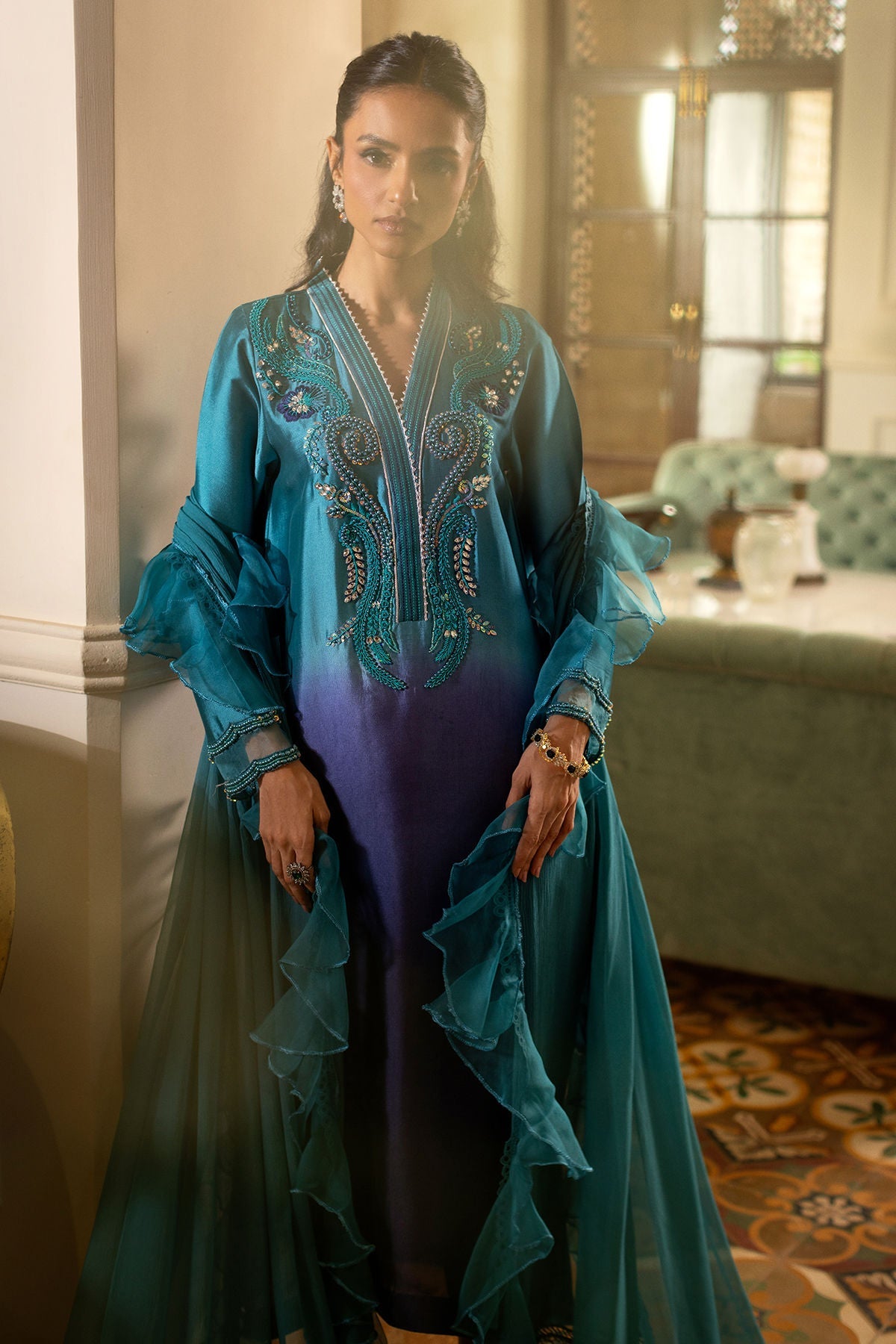 Annus Abrar | Zeh Eid Edit | Feyha-Brand:Annus Abrar-Type:Ladies Clothes-Teal Blue-Sheesha Silk-House of Maryam- Buy in UK, USA
