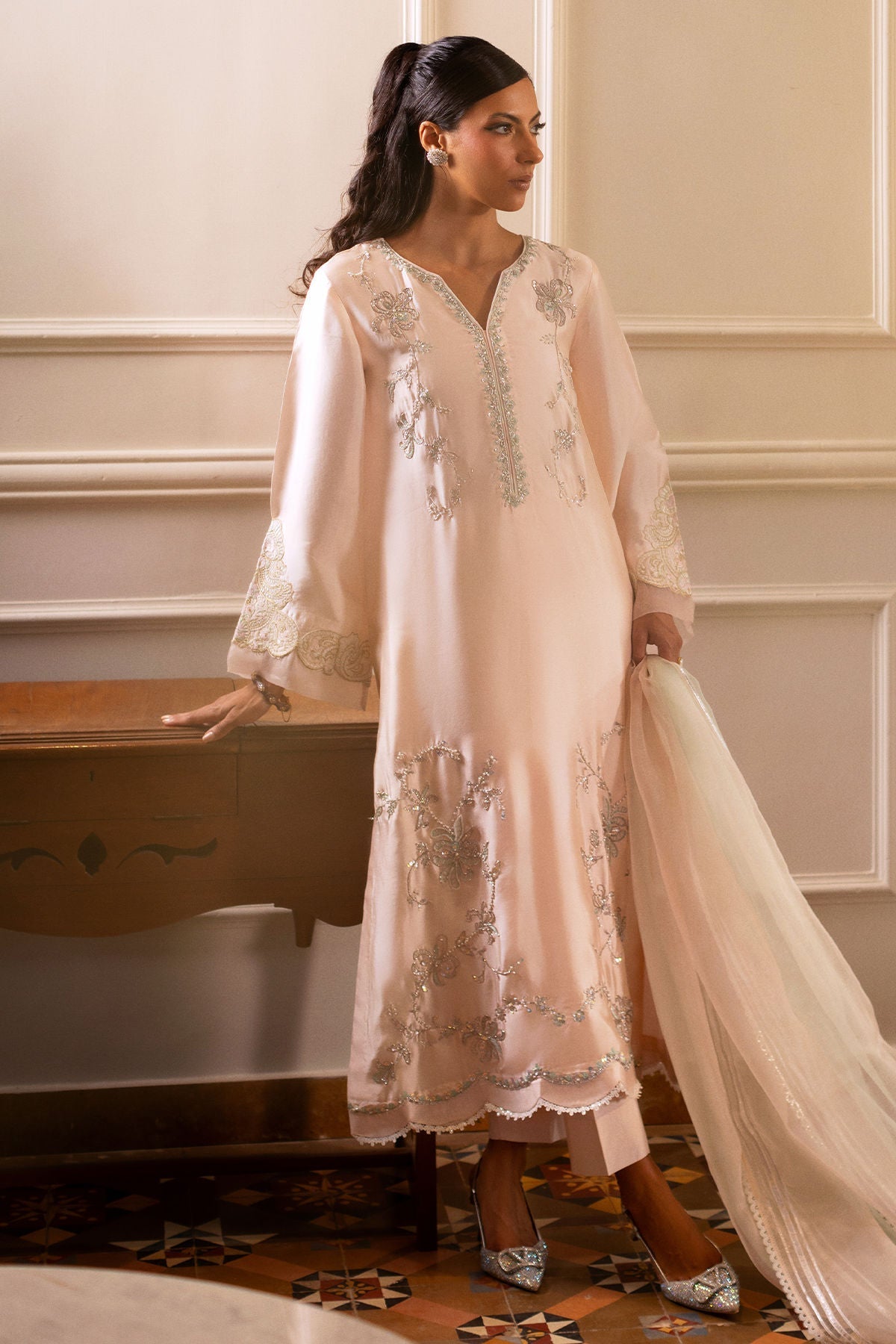 Annus Abrar | Zeh Eid Edit | Helma-Brand:Annus Abrar-Type:Ladies Clothes-Pale Peach-Sheesha Silk-House of Maryam- Buy in UK, USA