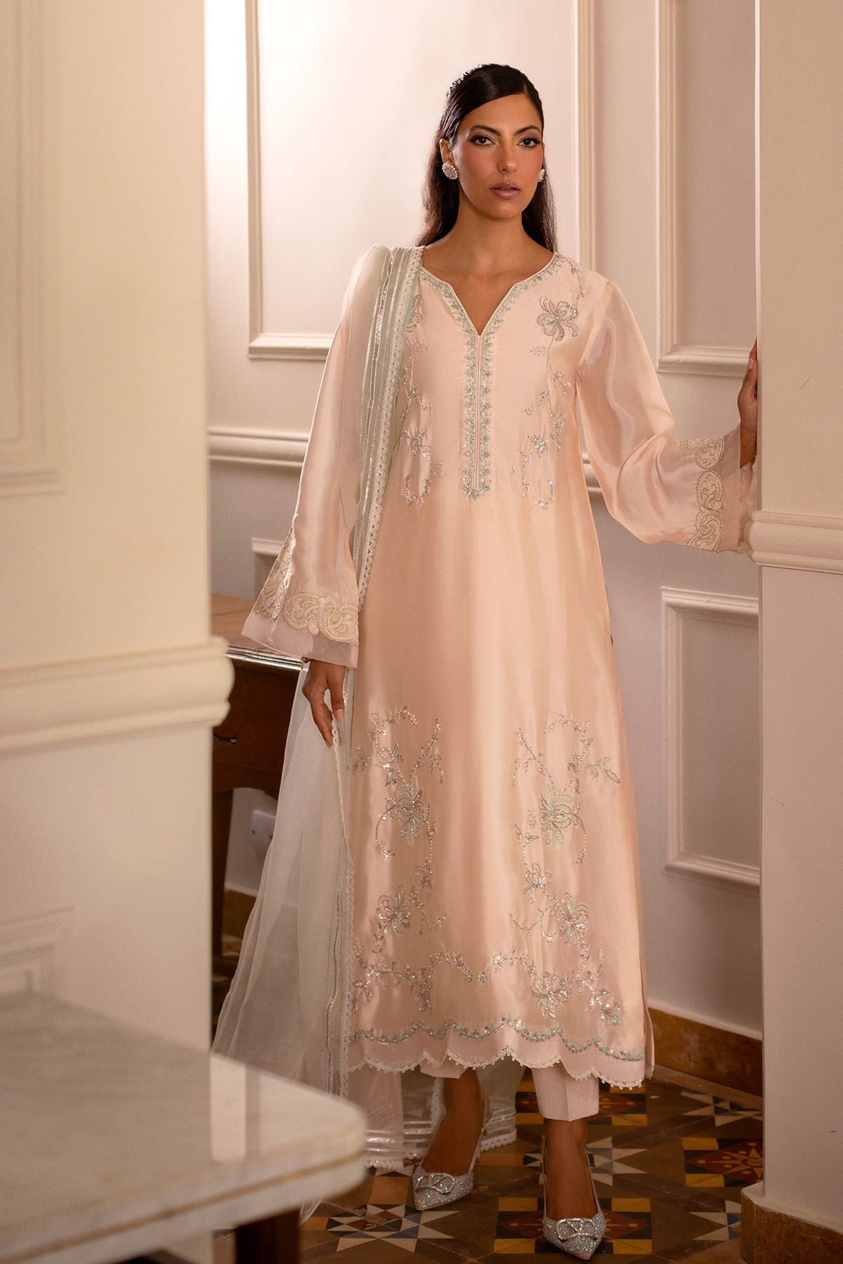 Annus Abrar | Zeh Eid Edit | Helma-Brand:Annus Abrar-Type:Ladies Clothes-Pale Peach-Sheesha Silk-House of Maryam- Buy in UK, USA