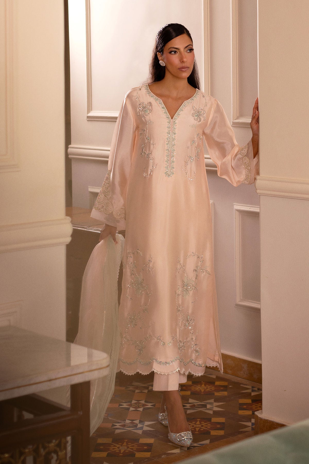 Annus Abrar | Zeh Eid Edit | Helma-Brand:Annus Abrar-Type:Ladies Clothes-Pale Peach-Sheesha Silk-House of Maryam- Buy in UK, USA