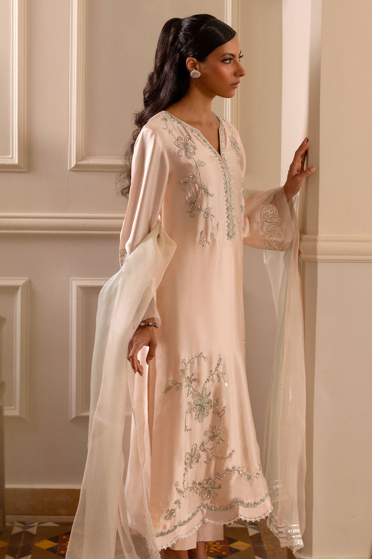 Annus Abrar | Zeh Eid Edit | Helma-Brand:Annus Abrar-Type:Ladies Clothes-Pale Peach-Sheesha Silk-House of Maryam- Buy in UK, USA