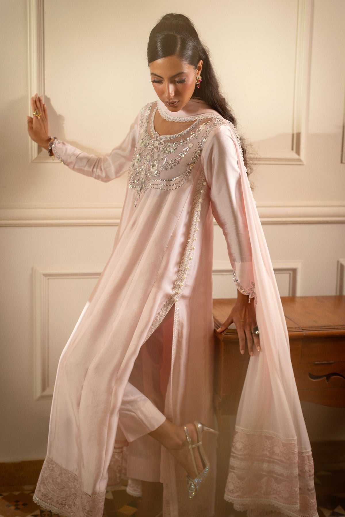 Annus Abrar | Zeh Eid Edit | Kesra-Brand:Annus Abrar-Type:Ladies Clothes-Light Peach Pink-Sheesha Silk-House of Maryam- Buy in UK, USA