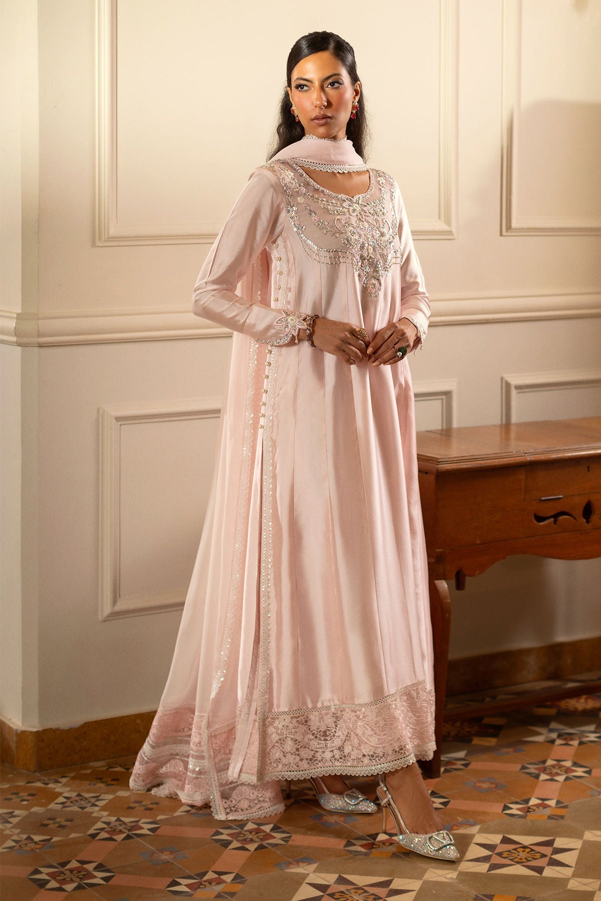 Annus Abrar | Zeh Eid Edit | Kesra-Brand:Annus Abrar-Type:Ladies Clothes-Light Peach Pink-Sheesha Silk-House of Maryam- Buy in UK, USA