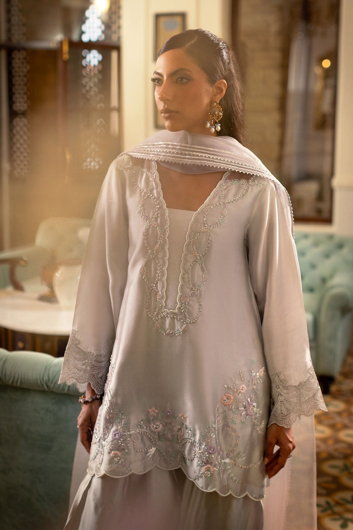Annus Abrar | Zeh Eid Edit | Kiri-Brand:Annus Abrar-Type:Ladies Clothes-Silver Gray-Sheesha Silk-House of Maryam- Buy in UK, USA