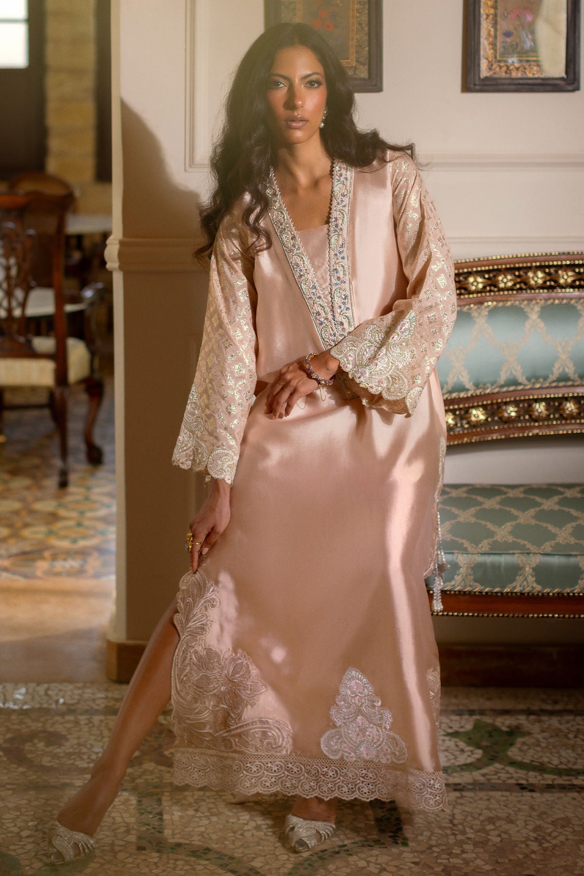 Annus Abrar | Zeh Eid Edit | Nehaal Kaftan-Brand:Annus Abrar-Type:Ladies Clothes-Pale Peach-Sheesha Silk-House of Maryam- Buy in UK, USA