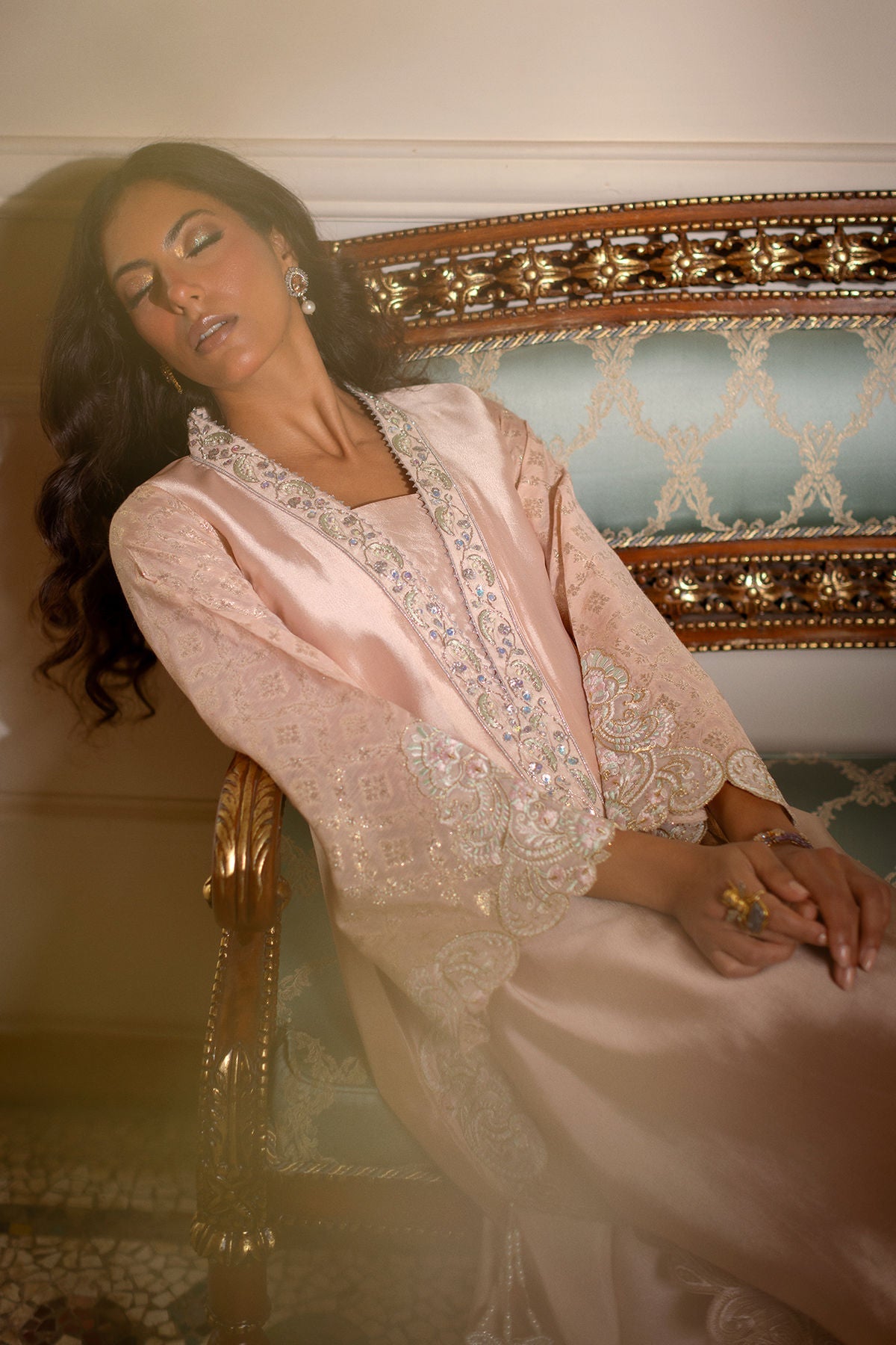 Annus Abrar | Zeh Eid Edit | Nehaal Kaftan-Brand:Annus Abrar-Type:Ladies Clothes-Pale Peach-Sheesha Silk-House of Maryam- Buy in UK, USA