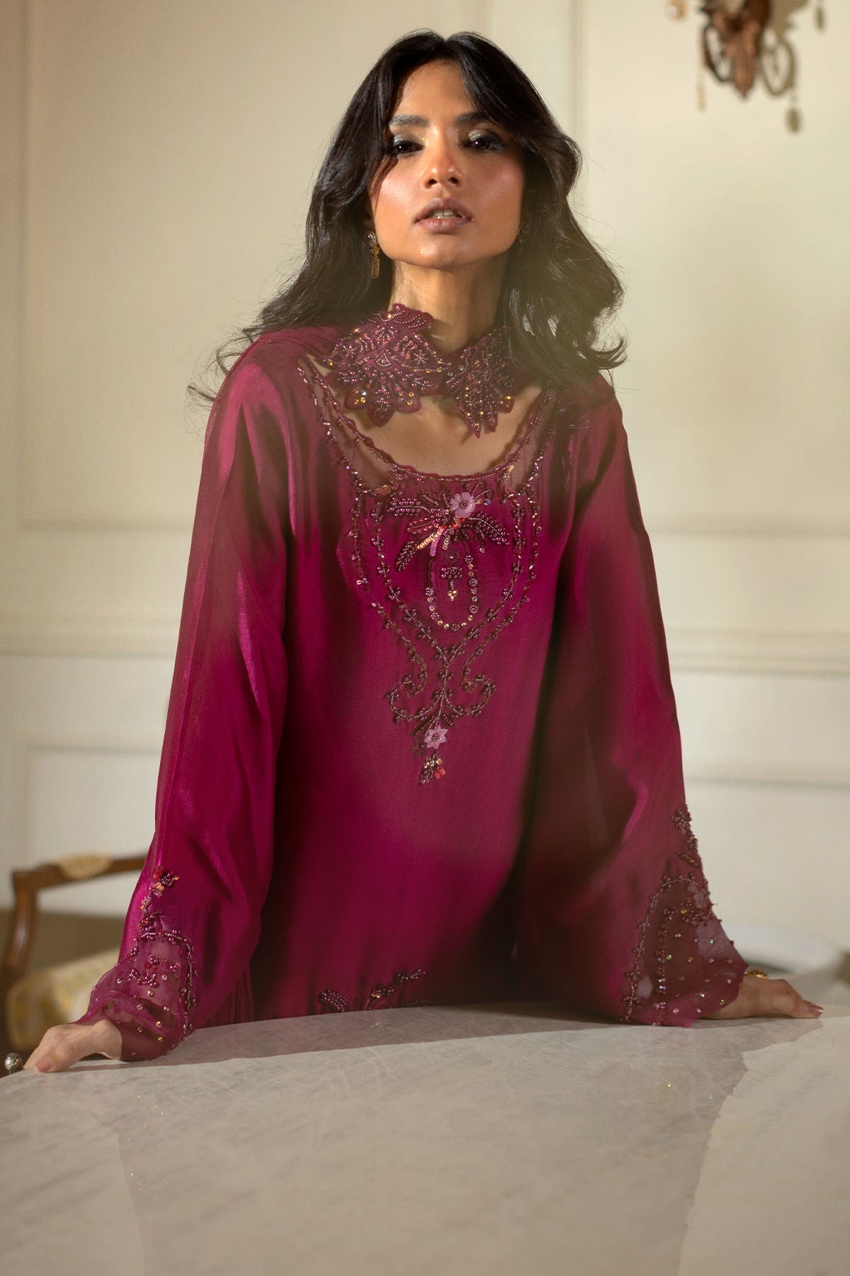 Annus Abrar | Zeh Eid Edit | Zevana-Brand:Annus Abrar-Type:Ladies Clothes-Wine-Sheesha Silk-House of Maryam- Buy in UK, USA