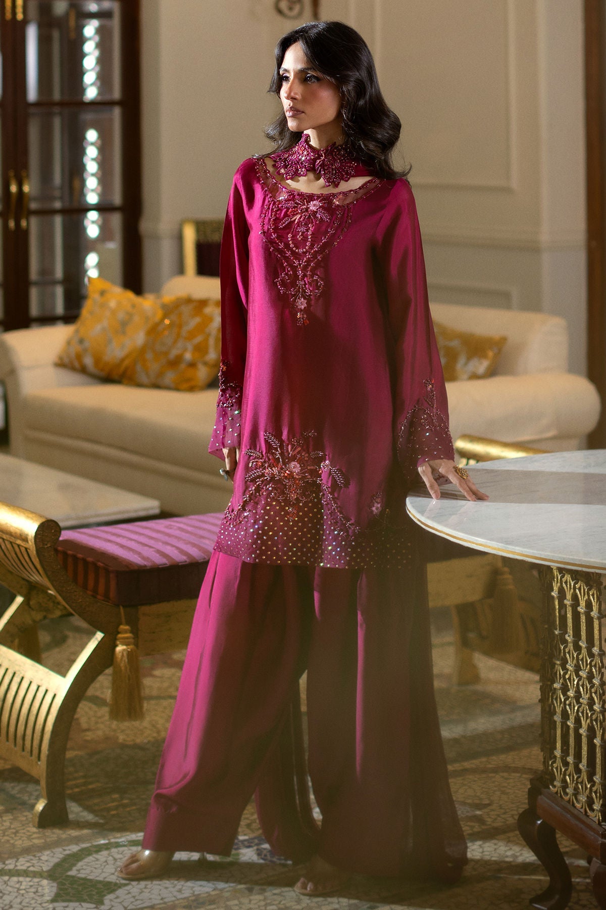 Annus Abrar | Zeh Eid Edit | Zevana-Brand:Annus Abrar-Type:Ladies Clothes-Wine-Sheesha Silk-House of Maryam- Buy in UK, USA