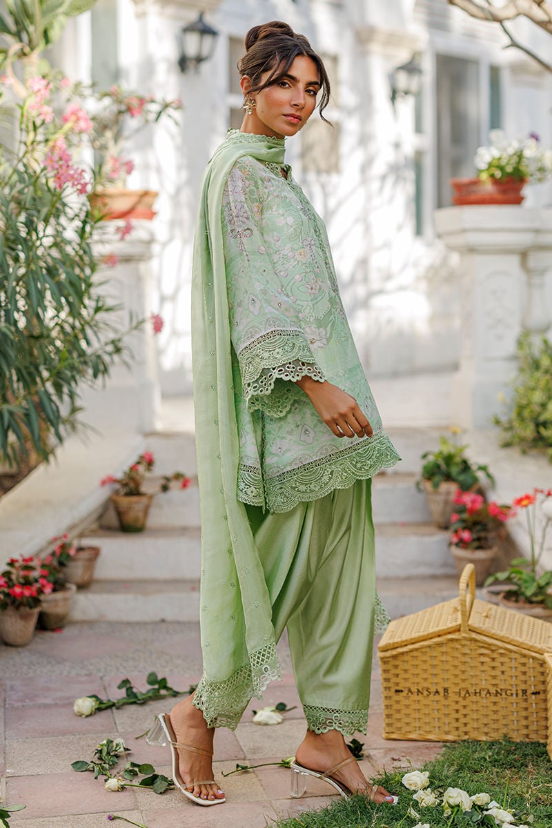 Ansab Jahangir | A Silk Afternoon Luxury Eid Silks 26 | Evie-Brand:Ansab Jahangir-Type:Ladies Clothes-Mint Gray-Raw Silk-House of Maryam- Buy in UK, USA