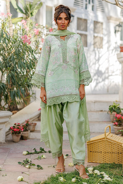 Ansab Jahangir | A Silk Afternoon Luxury Eid Silks 26 | Evie-Brand:Ansab Jahangir-Type:Ladies Clothes-Mint Gray-Raw Silk-House of Maryam- Buy in UK, USA