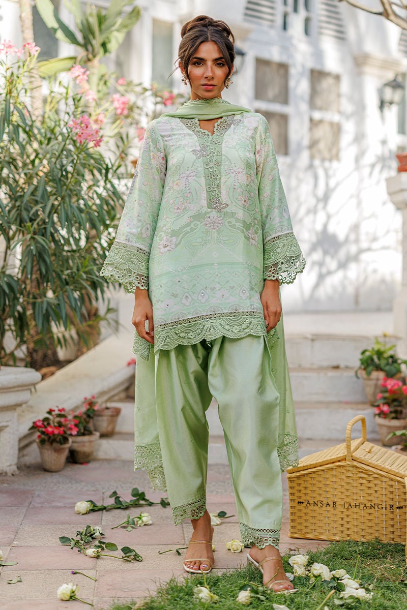 Ansab Jahangir | A Silk Afternoon Luxury Eid Silks 26 | Evie-Brand:Ansab Jahangir-Type:Ladies Clothes-Mint Gray-Raw Silk-House of Maryam- Buy in UK, USA