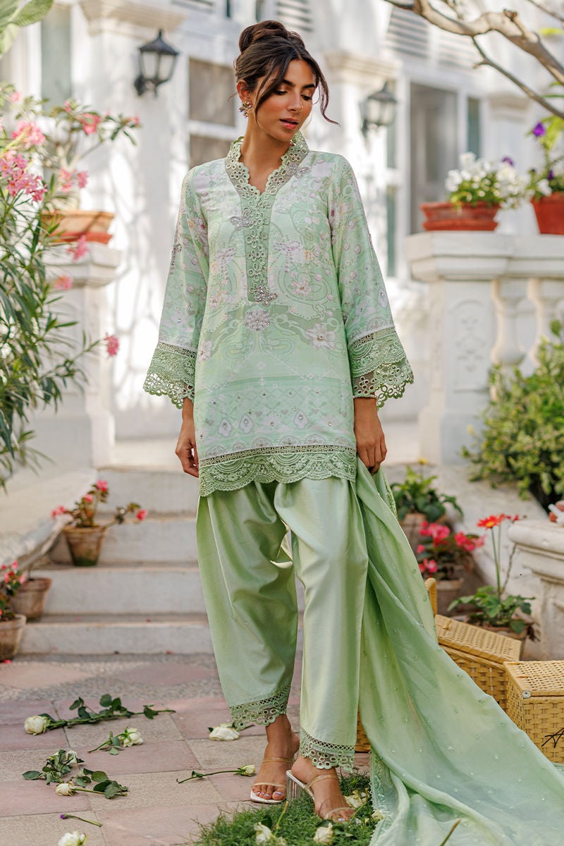 Ansab Jahangir | A Silk Afternoon Luxury Eid Silks 26 | Evie-Brand:Ansab Jahangir-Type:Ladies Clothes-Mint Gray-Raw Silk-House of Maryam- Buy in UK, USA