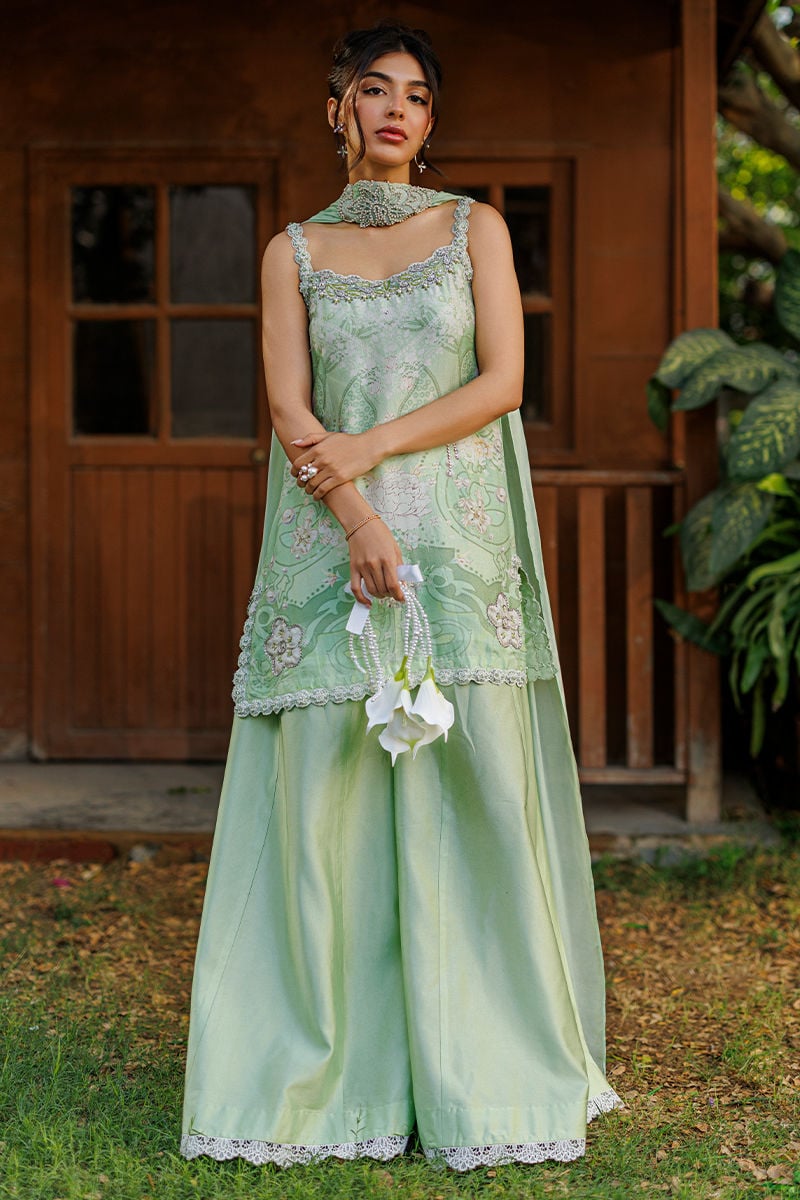 Ansab Jahangir | A Silk Afternoon Luxury Eid Silks 26 | Marjorie-Brand:Ansab Jahangir-Type:Ladies Clothes-Pastel Mint-Raw Silk-House of Maryam- Buy in UK, USA