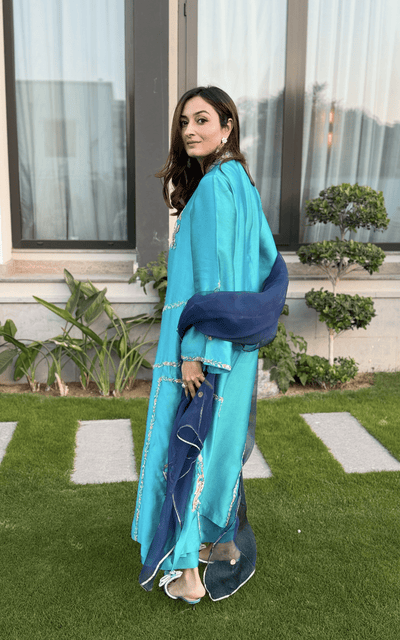Asifa and Nabeel | Silk Edit 26 | Azure Radiance-Brand:Asifa and Nabeel-Type:Ladies Clothes-Teal-Tissue Silk-House of Maryam- Buy in UK, USA