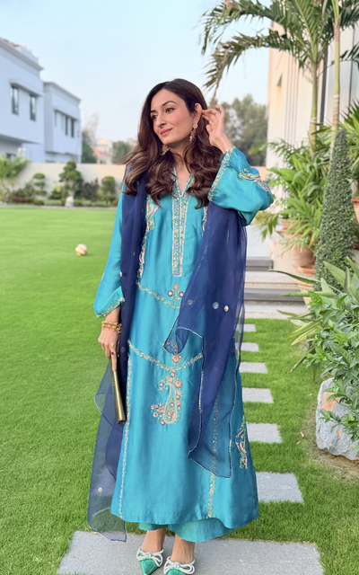 Asifa and Nabeel | Silk Edit 26 | Azure Radiance-Brand:Asifa and Nabeel-Type:Ladies Clothes-Teal-Tissue Silk-House of Maryam- Buy in UK, USA