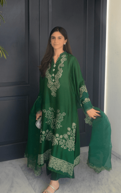 Asifa and Nabeel | Silk Edit 26 | Emerald Hues-Brand:Asifa and Nabeel-Type:Ladies Clothes-Bold Green-Tissue Silk-House of Maryam- Buy in UK, USA