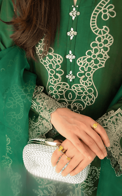 Asifa and Nabeel | Silk Edit 26 | Emerald Hues-Brand:Asifa and Nabeel-Type:Ladies Clothes-Bold Green-Tissue Silk-House of Maryam- Buy in UK, USA