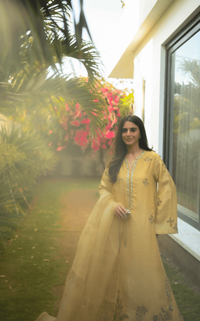 Asifa and Nabeel | Silk Edit 26 | Gilded Primrose-Brand:Asifa and Nabeel-Type:Ladies Clothes-Butter Yellow-Tissue Silk-House of Maryam- Buy in UK, USA