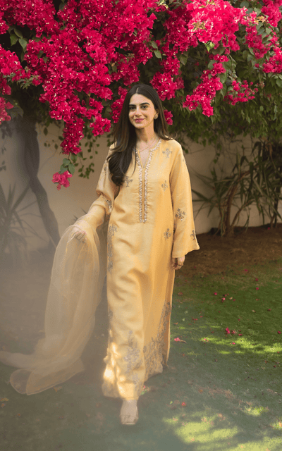Asifa and Nabeel | Silk Edit 26 | Gilded Primrose-Brand:Asifa and Nabeel-Type:Ladies Clothes-Butter Yellow-Tissue Silk-House of Maryam- Buy in UK, USA