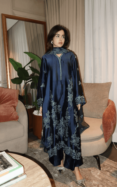 Asifa and Nabeel | Silk Edit 26 | Midnight Blue-Brand:Asifa and Nabeel-Type:Ladies Clothes-Midnight Blue-Tissue Silk-House of Maryam- Buy in UK, USA