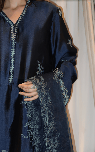 Asifa and Nabeel | Silk Edit 26 | Midnight Blue-Brand:Asifa and Nabeel-Type:Ladies Clothes-Midnight Blue-Tissue Silk-House of Maryam- Buy in UK, USA