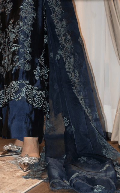 Asifa and Nabeel | Silk Edit 26 | Midnight Blue-Brand:Asifa and Nabeel-Type:Ladies Clothes-Midnight Blue-Tissue Silk-House of Maryam- Buy in UK, USA