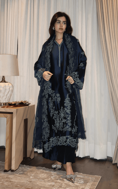 Asifa and Nabeel | Silk Edit 26 | Midnight Blue-Brand:Asifa and Nabeel-Type:Ladies Clothes-Midnight Blue-Tissue Silk-House of Maryam- Buy in UK, USA