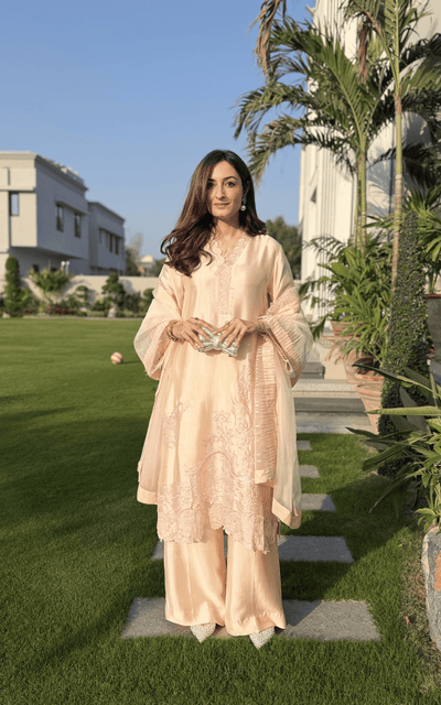 Asifa and Nabeel | Silk Edit 26 | Peach Nectar-Brand:Asifa and Nabeel-Type:Ladies Clothes-Peach Cream-Tissue Silk-House of Maryam- Buy in UK, USA