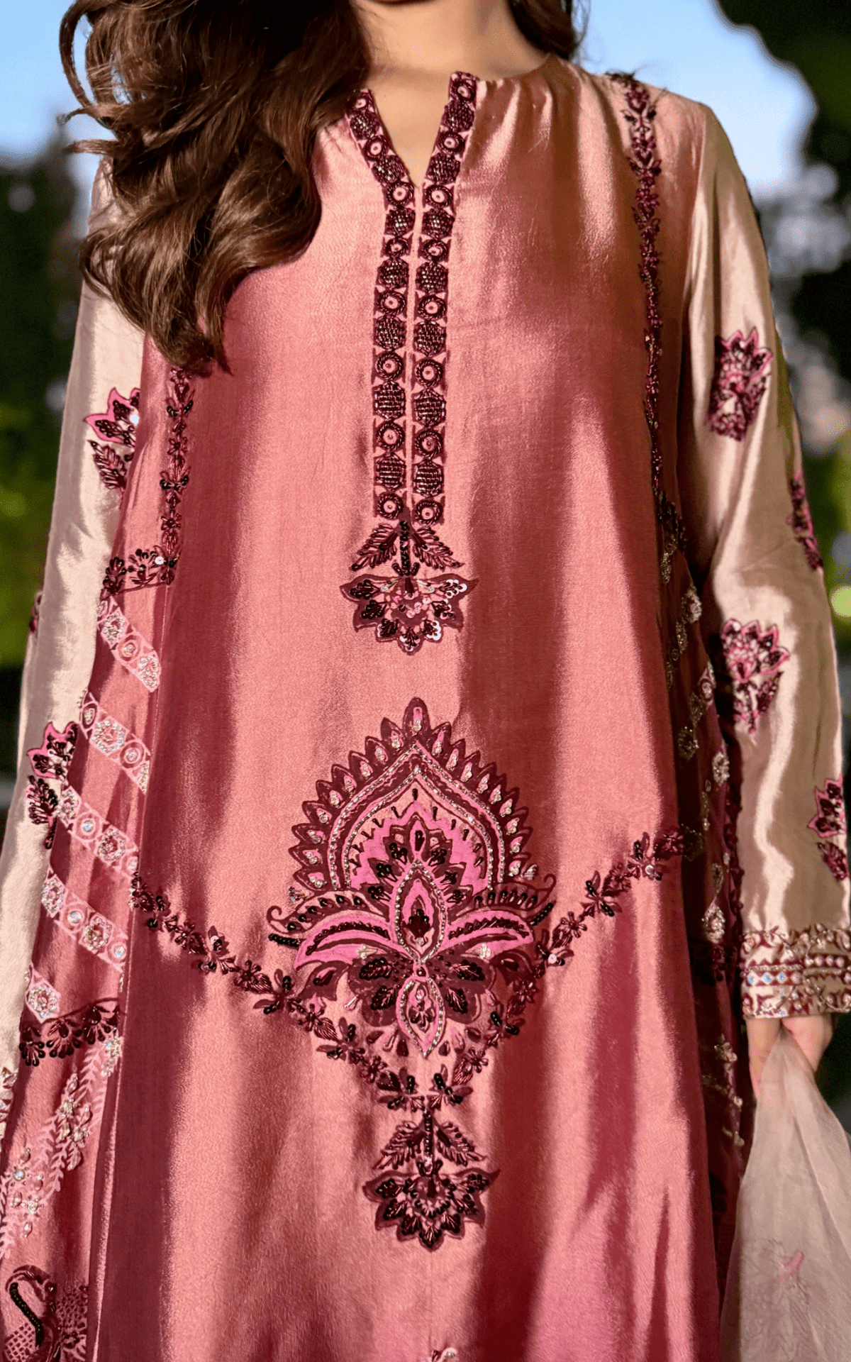 Asifa and Nabeel | Silk Edit 26 | Rose Noir-Brand:Asifa and Nabeel-Type:Ladies Clothes-Salmon Pink-Tissue Silk-House of Maryam- Buy in UK, USA