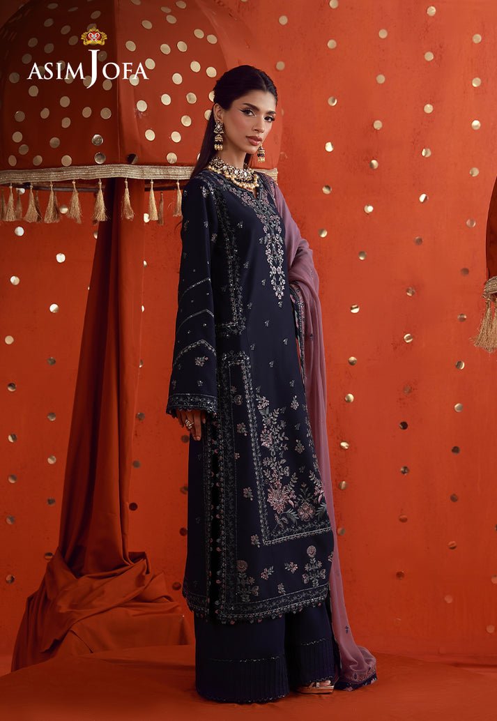 Asim Jofa | Luxury Festive 26 | AJULFB-05-Brand:Asim Jofa-Type:Ladies Clothes-Dark Navy Blue-Boski Silk-House of Maryam- Buy in UK, USA