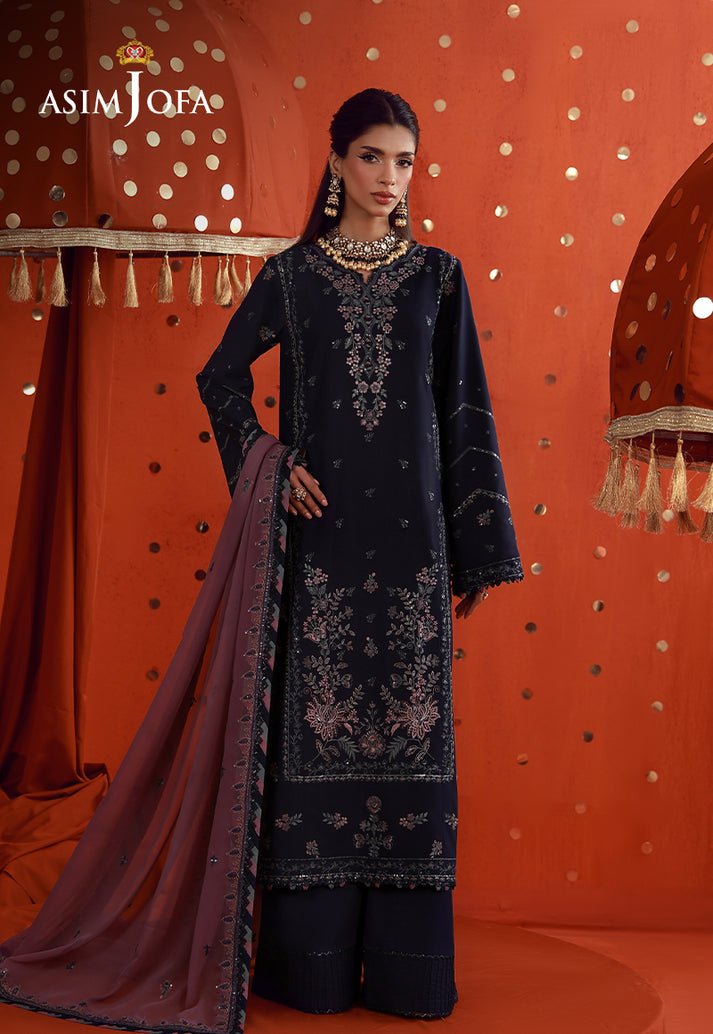 Asim Jofa | Luxury Festive 26 | AJULFB-05-Brand:Asim Jofa-Type:Ladies Clothes-Dark Navy Blue-Boski Silk-House of Maryam- Buy in UK, USA