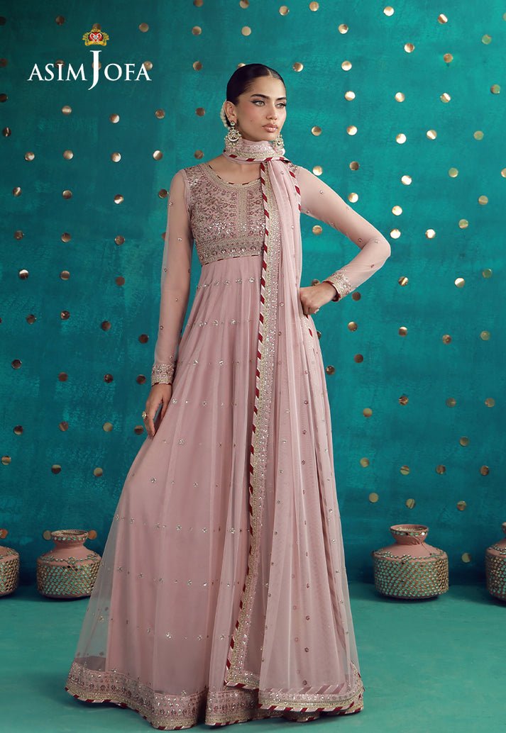 Asim Jofa | Luxury Festive 26 | AJULFB-07-Brand:Asim Jofa-Type:Ladies Clothes-Tea Pink-Poly Net-House of Maryam- Buy in UK, USA
