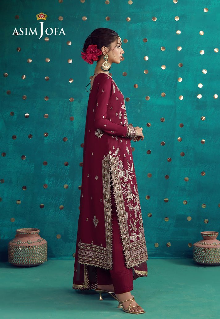 Asim Jofa | Luxury Festive 26 | AJULFB-08-Brand:Asim Jofa-Type:Ladies Clothes-Maroon-Boski Silk-House of Maryam- Buy in UK, USA
